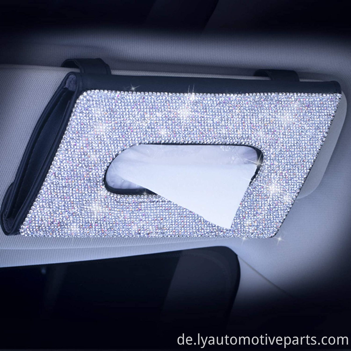 Bling Bling Car Sun Visor Tissue Box Halter Kristall funkelnde Serviettenhalter PU Leder Rückstand Gewebetasche Autozubehör